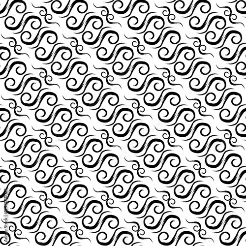 A seamless traditional batik pattern in black and white, featuring intricate swirling motifs inspired by Indonesian heritage.