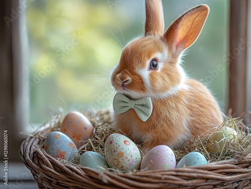 Cute bunny with Easter eggs. AI.