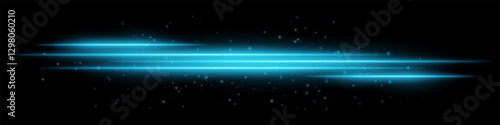 Abstract glowing blue light streaks on a dark background. Multiple parallel neon beams with radiant flare, motion blur, and scattered particles create a futuristic and dynamic energy effect