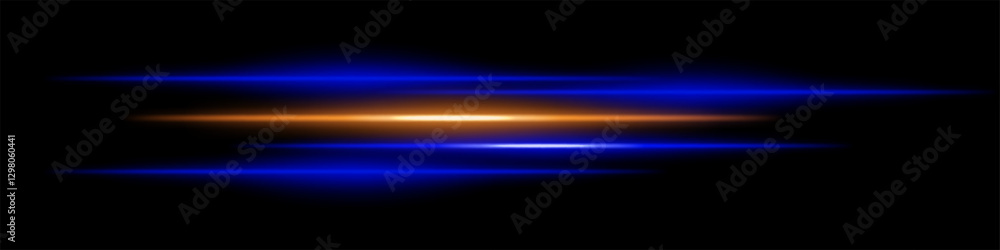 Abstract glowing blue and orange light streaks on a dark background. Multiple parallel neon beams with radiant flare and motion blur create a futuristic speed and energy effect Abstract glowing blue and orange light streaks on a dark background. Multiple parallel neon beams with radiant flare and motion blur create a futuristic speed and energy effect