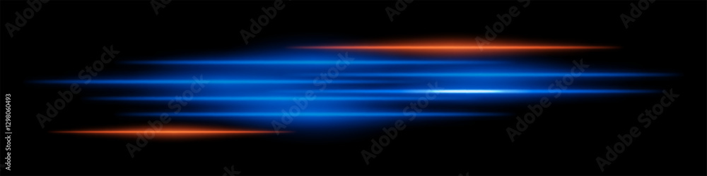 Obraz premium Abstract glowing blue and orange light streaks on a dark background. Multiple parallel neon beams with motion blur and radiant flare create a futuristic speed and energy effect