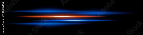 Abstract glowing blue and orange light streaks on a dark background. Multiple parallel neon beams with radiant flare and motion blur create a futuristic speed and energy effect