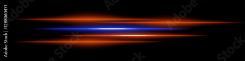 Abstract glowing red and blue light streaks on a dark background. Multiple parallel neon beams with radiant flare and motion blur create a futuristic speed and energy effect
