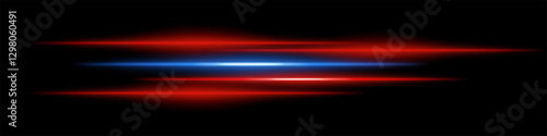 Abstract glowing red and blue light streaks on a dark background. Multiple parallel neon beams with radiant flare and motion blur create a futuristic speed and energy effect