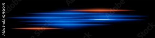 Abstract glowing blue and orange light streaks on a dark background. Multiple parallel neon beams with motion blur and radiant flare create a futuristic speed and energy effect