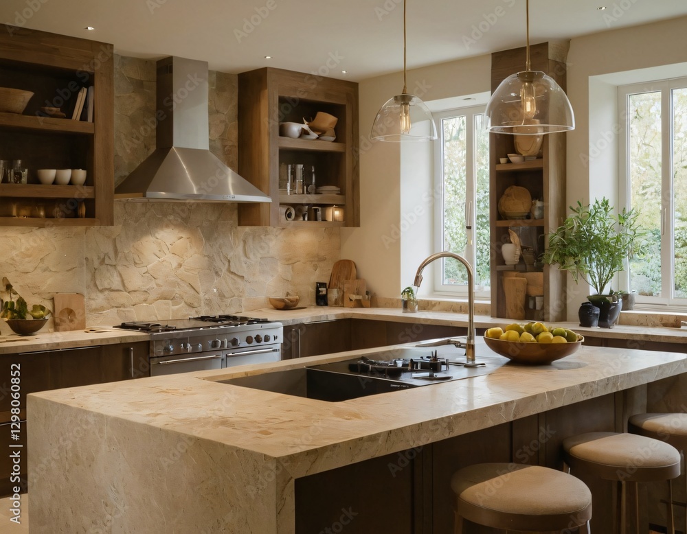 Fototapeta premium Light home kitchen interior with stone island, sink and cooking cabinet