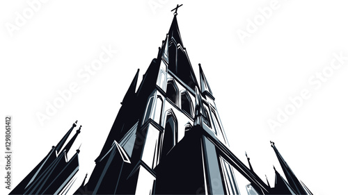 The image is a stylized, low-angle, black and white illustration of a gothic church spire. The illustration uses strong vertical lines and contrasting black and white tones to emphasize the height