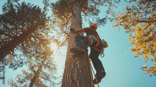 An arborist climbing a tall tree with safety equipment, inspecting branches and ensuring tree health, nature care, specialized work