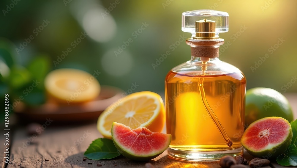 Natural Perfume. Bottle of perfume is next to sliced up grapefruit Natural Perfume. Bottle of perfume is next to sliced up grapefruit