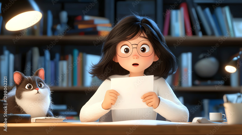 girl with black hair and glasses sits at desk, surprised while reading letter. fluffy cat watches her intently in cozy library setting