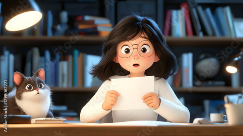 Obraz na płótnie girl with black hair and glasses sits at desk, surprised while reading letter. fluffy cat watches her intently in cozy library setting w salonie