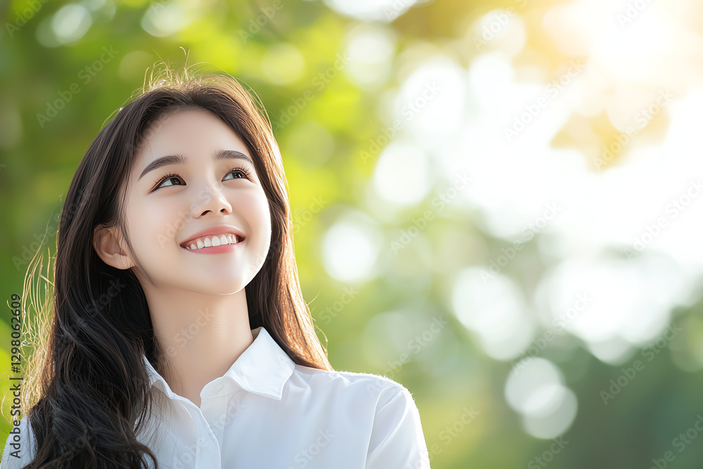 happy young woman with long hair smiles brightly outdoors, surrounded by greenery and soft sunlight. Her expression conveys joy and positivity in serene environment