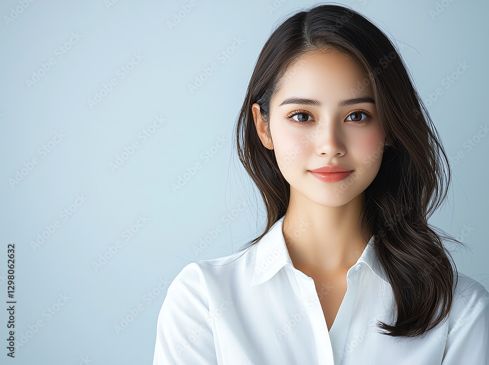 portrait of woman with long hair wearing white shirt, smiling softly against light blue background. Her expression conveys warmth and confidence portrait of woman with long hair wearing white shirt, smiling softly against light blue background. Her expression conveys warmth and confidence