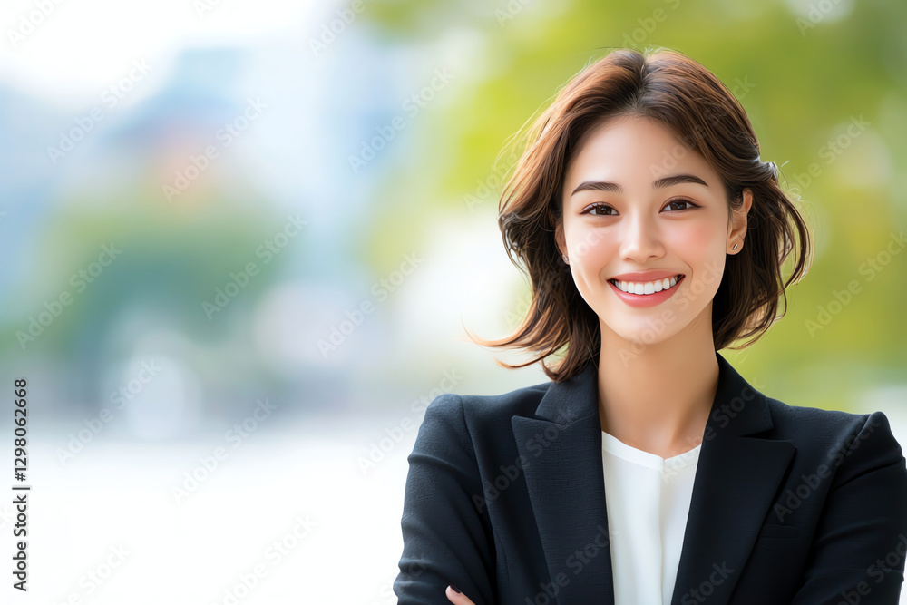 happy young woman in business suit smiles confidently outdoors, showcasing professional demeanor and positive energy happy young woman in business suit smiles confidently outdoors, showcasing professional demeanor and positive energy