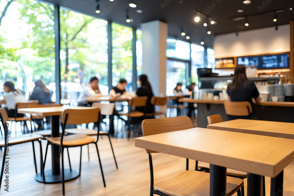 modern Japanese cafe interior featuring wooden tables and chairs, large windows allowing natural light, and cozy atmosphere. Patrons enjoy their time in stylish setting modern Japanese cafe interior featuring wooden tables and chairs, large windows allowing natural light, and cozy atmosphere. Patrons enjoy their time in stylish setting