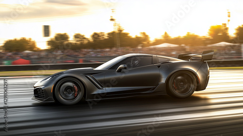 Red sports car racing at high speed on a drag strip, showcasing the thrill of competition and the pursuit of performance excellence.