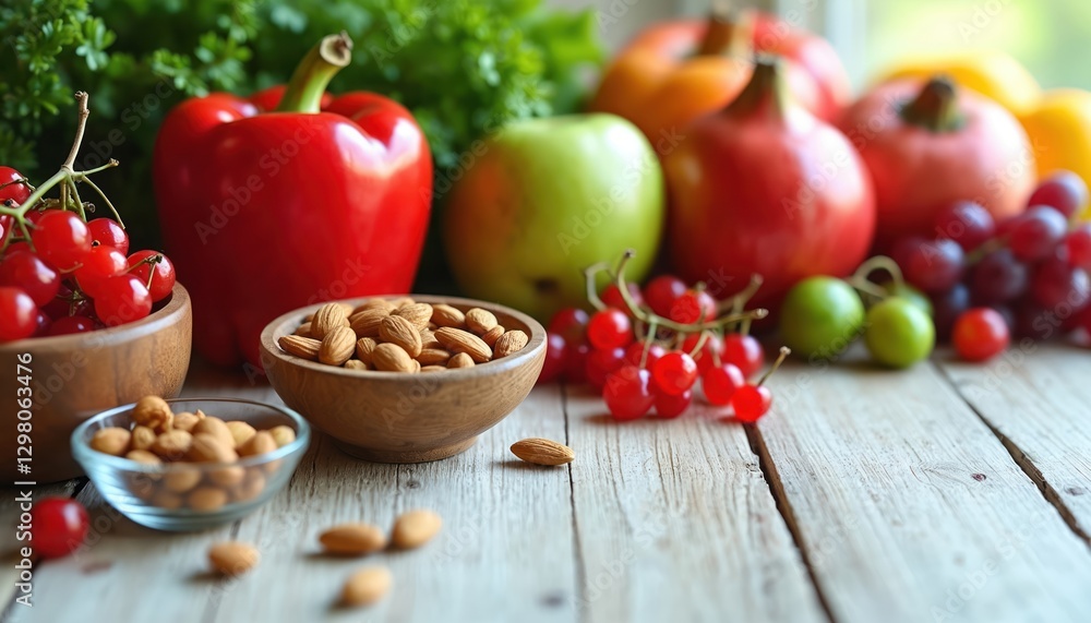 Nuts, fruits, vegetables on wooden table. Red currant, pepper, apple, grapes, almonds and greenery. Healthy natural food, diet, vitamins, vegetarian nutrition for cooking and eating. Nuts, fruits, vegetables on wooden table. Red currant, pepper, apple, grapes, almonds and greenery. Healthy natural food, diet, vitamins, vegetarian nutrition for cooking and eating.