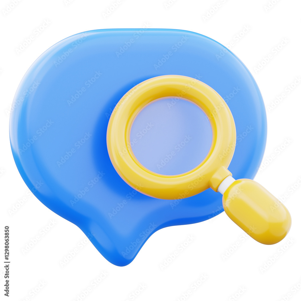 Digital chat bubble with magnifying glass icon illustration. Concept of online conversations or finding solutions 3d render illustration image Digital chat bubble with magnifying glass icon illustration. Concept of online conversations or finding solutions 3d render illustration image