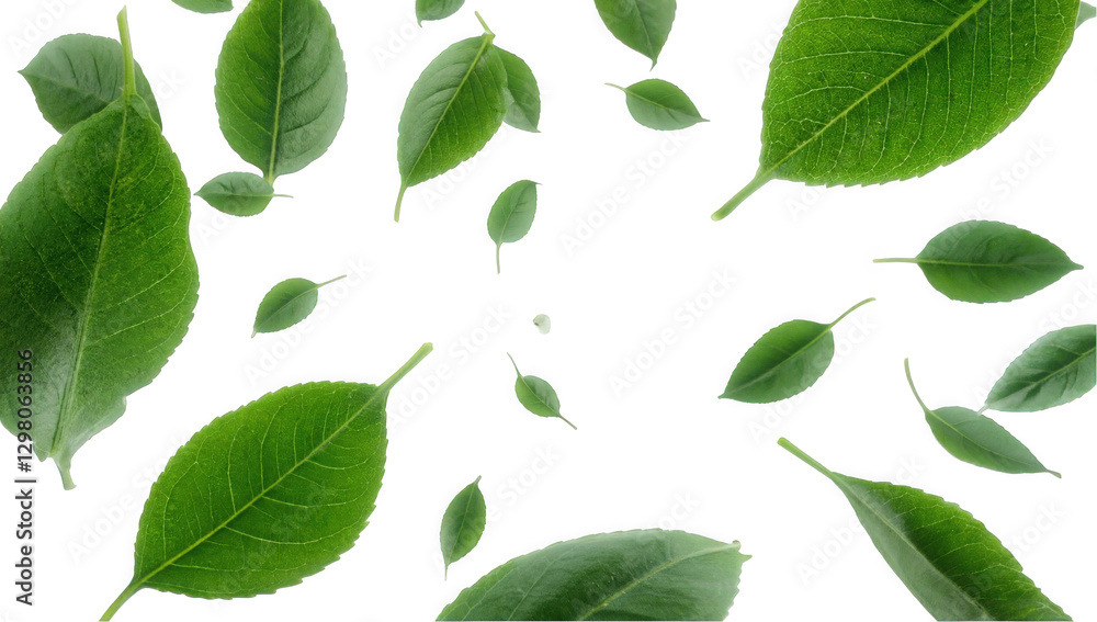 Fresh Green Leaves Falling Gently on a Bright White Background Isolated on a white background Fresh Green Leaves Falling Gently on a Bright White Background Isolated on a white background