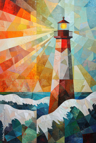 Abstract cubist or cubism style painting of a lighthouse standing against crashing waves, geometric light beams and bold textures