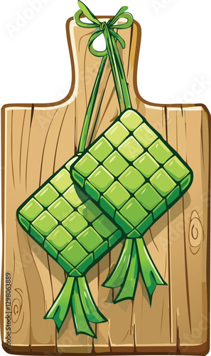 green ketupat, trditional rice cakes from Indonesia for Eid Mubarak, tied with green leaves, resting on a wooden board, showcasing traditional Indonesian cuisine.