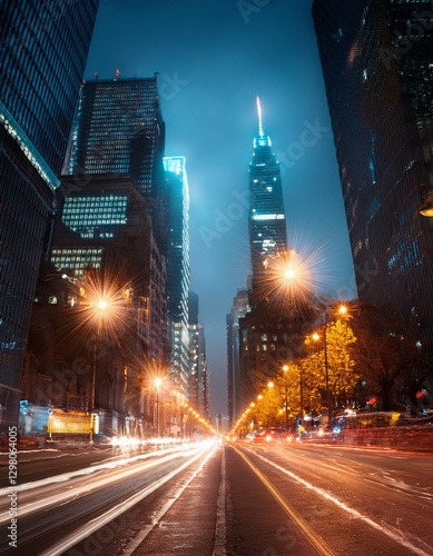 Soft-focus city street night: glowing lamps & blurred car lights.  Atmospheric & urban. Ideal for night themes & dreamy, city backgrounds.

