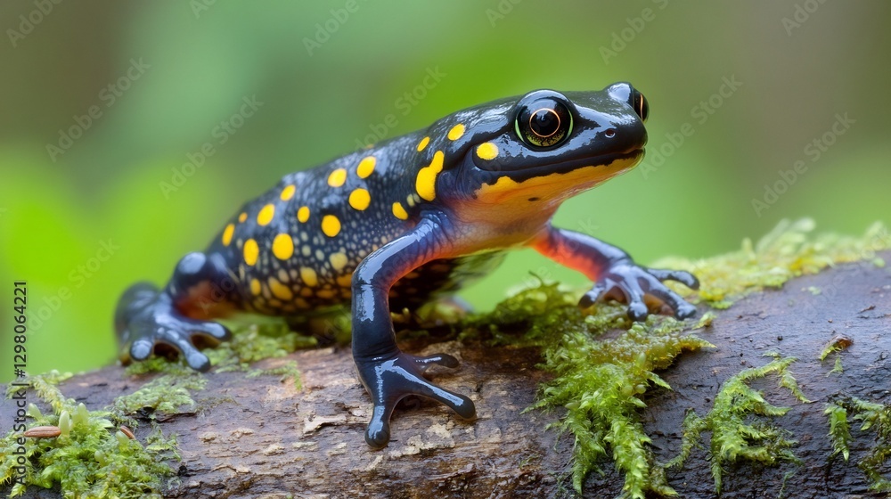Obraz premium Colorful Spotted Salamander crawling over a mossy log its sleek black skin dotted with bright yellow spots tiny toes gripping the damp bark