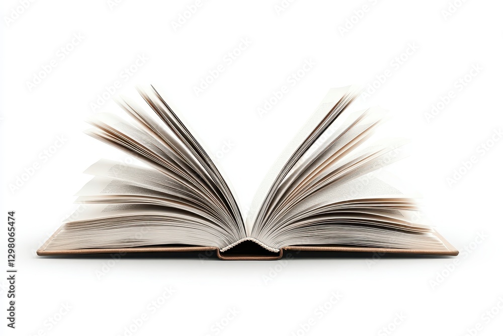 Open book with pages in motion on a white surface highlighting the beauty of literature and knowledge Open book with pages in motion on a white surface highlighting the beauty of literature and knowledge