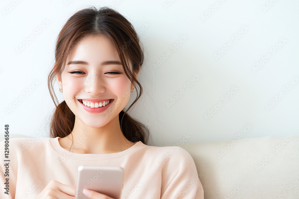 Smiling young woman using smartphone while relaxing on sofa, showcasing joy and comfort in cozy setting Smiling young woman using smartphone while relaxing on sofa, showcasing joy and comfort in cozy setting