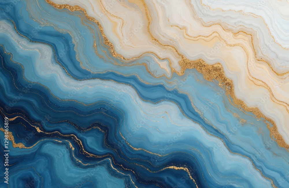Obraz premium Luxury blue, gold marble texture background. Abstract art with swirling veins. Modern design, fluid, elegant pattern. Decorative, smooth, vibrant surface. High-end aesthetic, polished, dynamic,