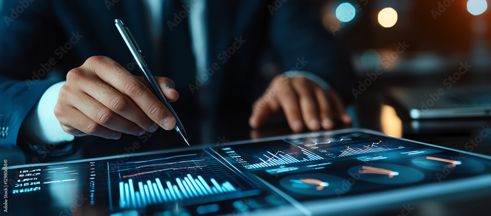 business professional analyzing financial data on digital tablet, showcasing graphs and charts in modern office setting business professional analyzing financial data on digital tablet, showcasing graphs and charts in modern office setting