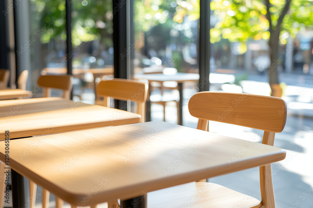 Fototapeta premium Cozy cafe interior featuring wooden tables and chairs, sunlight streaming through large windows, creating warm and inviting atmosphere