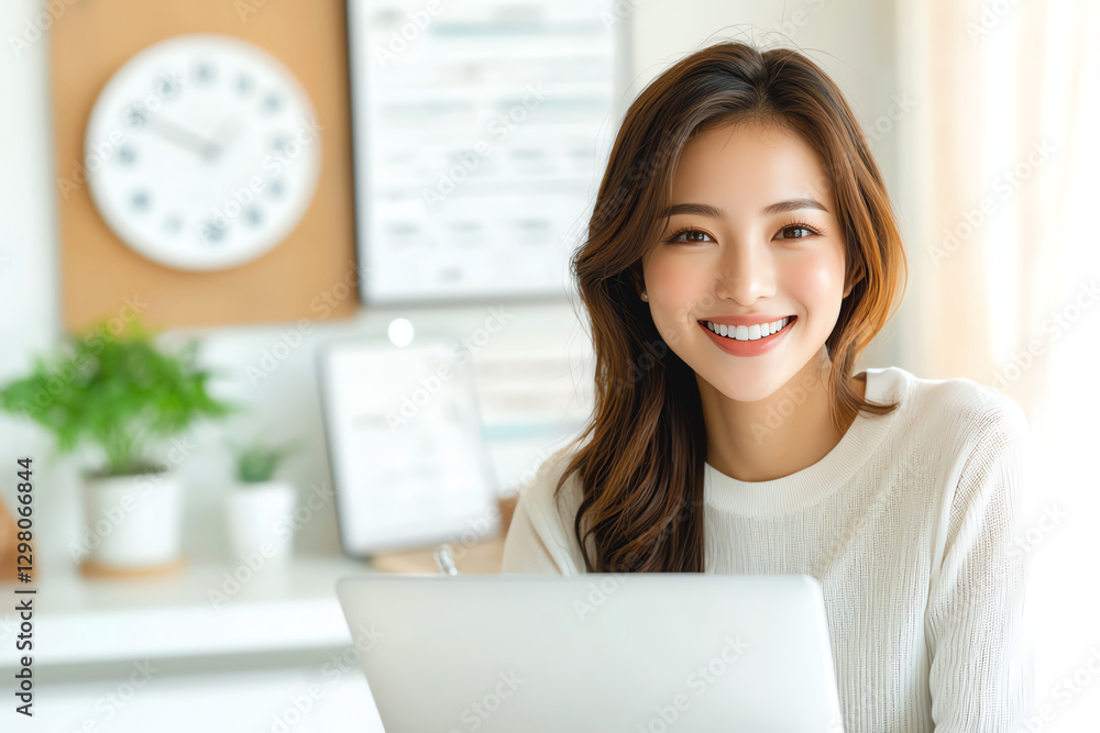young woman in her twenties smiles while working on laptop in bright, modern office. atmosphere is cheerful and productive, with plants and clock in background young woman in her twenties smiles while working on laptop in bright, modern office. atmosphere is cheerful and productive, with plants and clock in background
