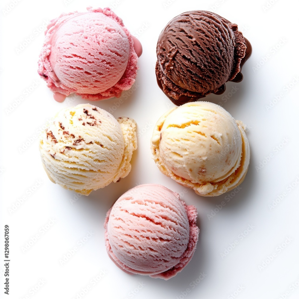 Five scoops of colorful ice cream in various flavors including strawberry, vanilla, chocolate, and more arranged on a white background