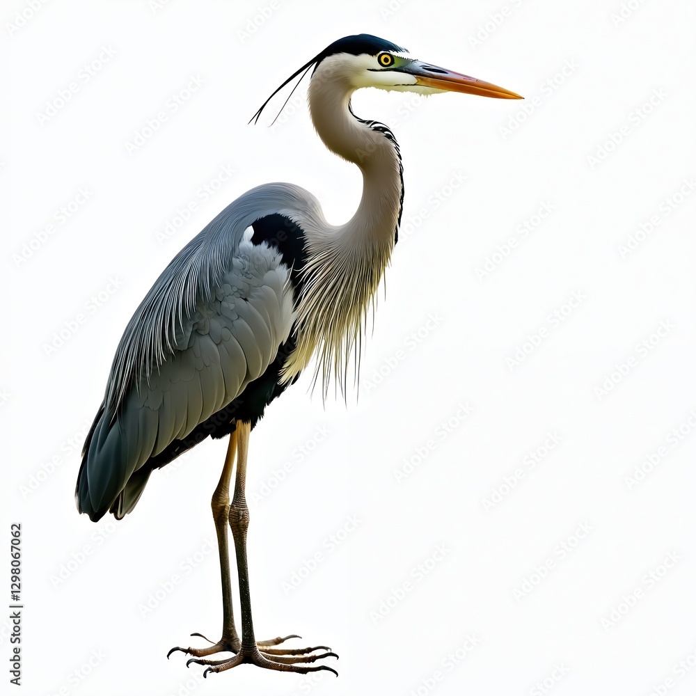 Fototapeta premium Elegant grey heron stands gracefully on one leg, long neck, slender body in wildlife setting during daylight. Tall bird sharp beak, bright eyes hunting, looks focused, alert, still. Feathers detailed.