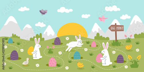 Easter egg hunt concept banner. Nature background with Easter bunnies and hidden eggs. Flat hand drawn illustration.