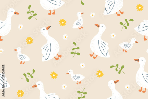 Seamless pattern of geese on a beige background. Farm animals, poultry. Vector hand drawn childish background.