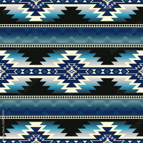 Colorful blue aztec southwest pattern. Vector aztec southwestern Navajo geometric shape seamless pattern. Ethnic geometric pattern use for fabric, textile, home decoration elements, upholstery, etc.