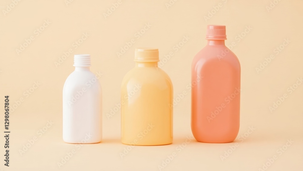 Shrinkflation. Three bottles are lined up on beige surface Shrinkflation. Three bottles are lined up on beige surface