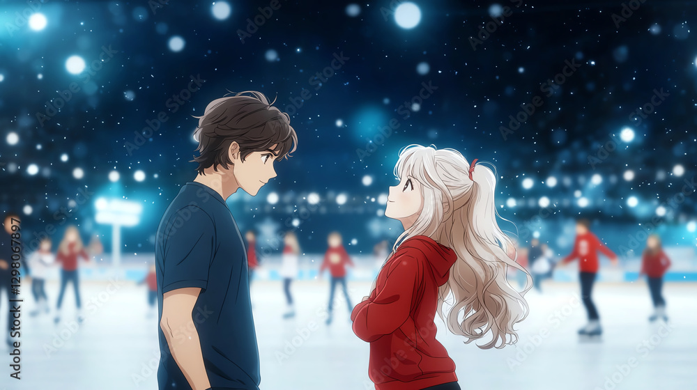 Obraz premium dark haired man and ice skating woman share moment on rink, surrounded by skaters. scene is filled with sparkling lights, creating magical atmosphere