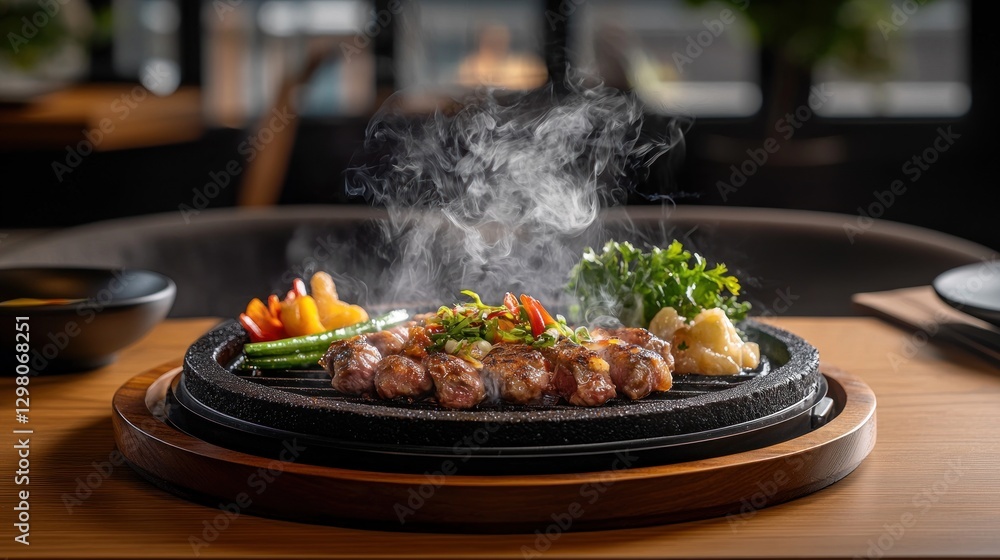 Fototapeta premium Sizzling Steak and Vegetable Platter on a Hot Stone
