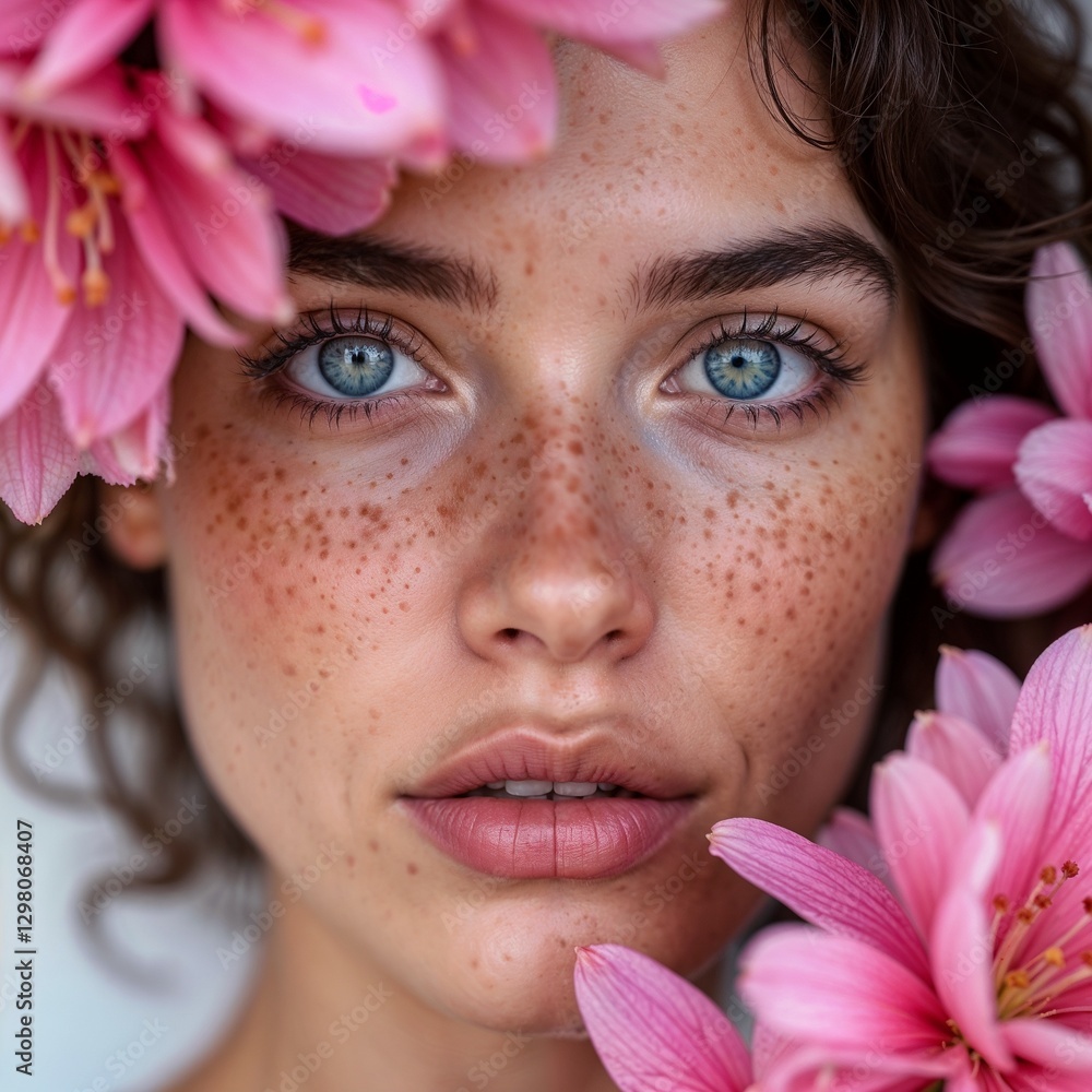 Close-up Portrait of a Young Woman with Freckles and Pink Flowers Surrounding Her Face Close-up Portrait of a Young Woman with Freckles and Pink Flowers Surrounding Her Face