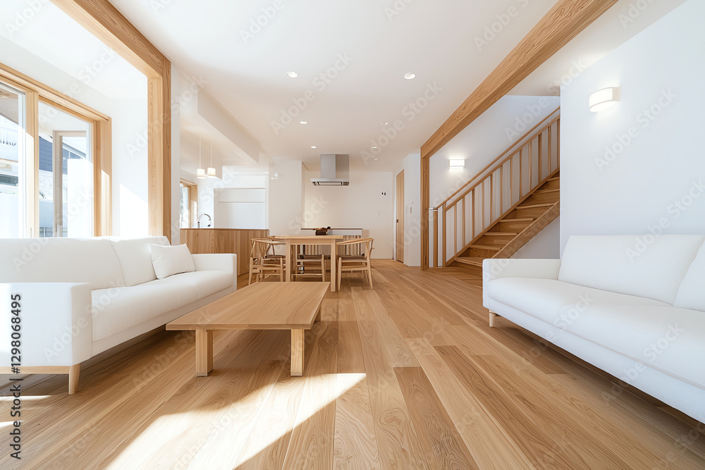 Obraz premium bright living room featuring white sofas, wooden coffee table, and warm wooden floor. space is airy and inviting, perfect for relaxation and gatherings