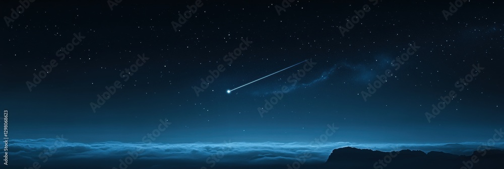 Naklejka premium Shooting star gliding across a starry night sky over distant mountains and clouds. Generative AI