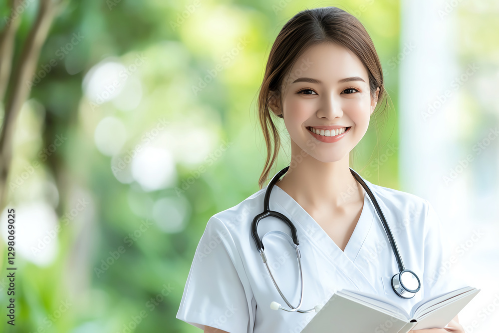 smiling nurse in white uniform holds notebook, showcasing warm and professional demeanor in lush, green environment smiling nurse in white uniform holds notebook, showcasing warm and professional demeanor in lush, green environment