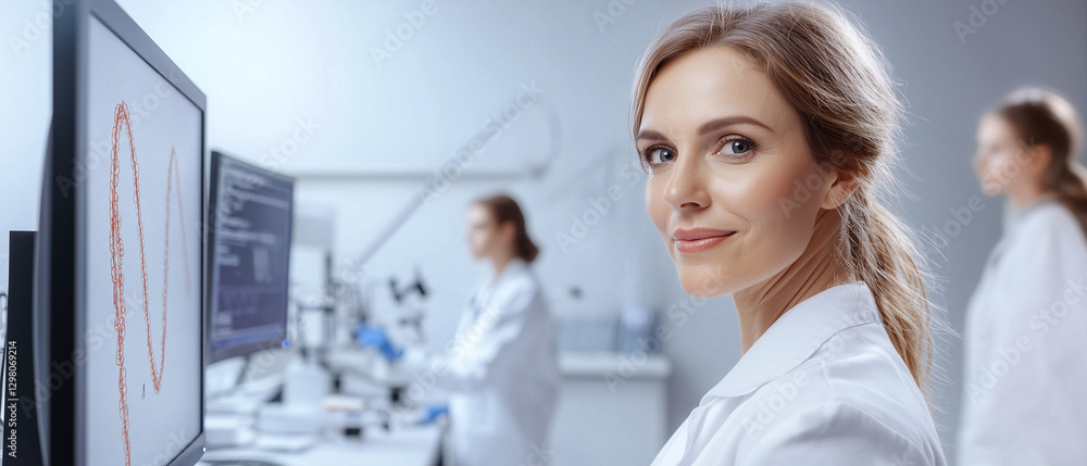 woman scientist in lab analyzing DNA sequences on computer screen woman scientist in lab analyzing DNA sequences on computer screen