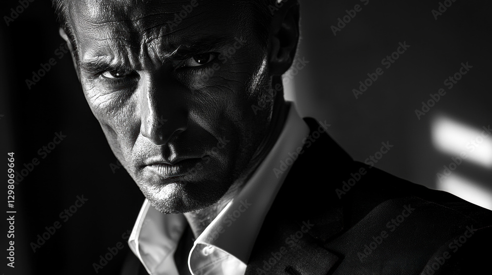 Charismatic middle-aged man with sharp cheekbones and intense gaze, wearing a dark suit and white shirt, deep shadows, artistic black-and-white photography Charismatic middle-aged man with sharp cheekbones and intense gaze, wearing a dark suit and white shirt, deep shadows, artistic black-and-white photography