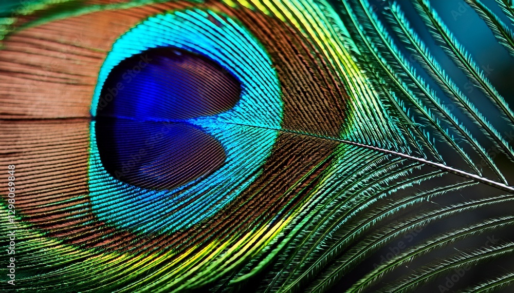 Naklejka premium Vibrant macro peacock feather: colorful, sharp details, bright blue hues. Exotic & detailed. Ideal for vibrant backgrounds & nature designs.
