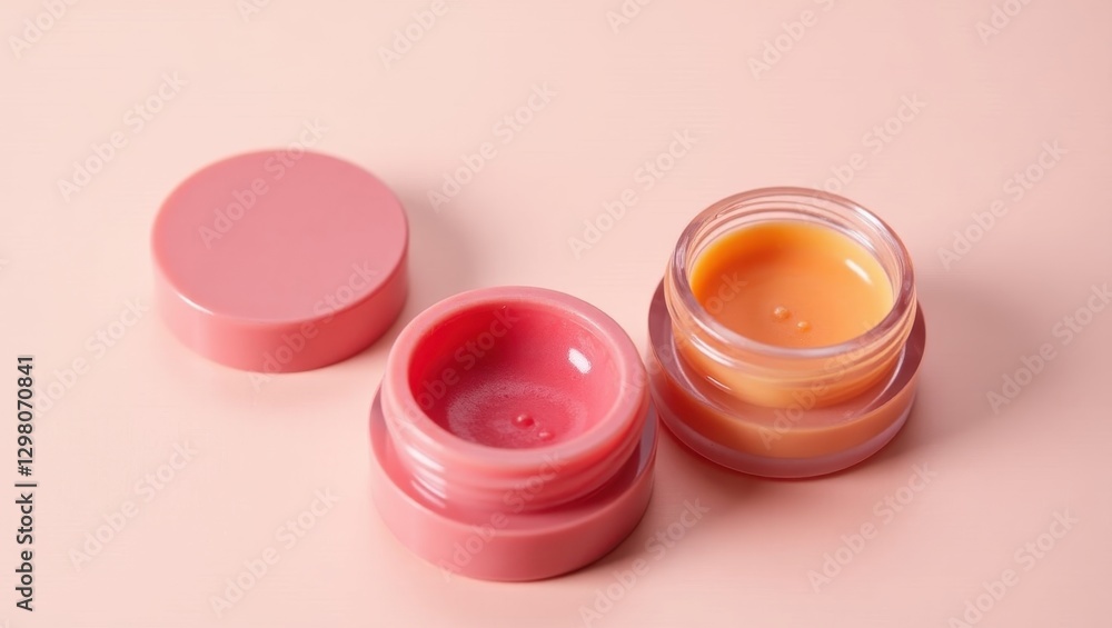 Tinted Lip Balm. Two jars of lip butter are sitting on table Tinted Lip Balm. Two jars of lip butter are sitting on table
