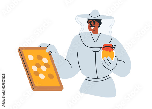 Beekeeper holding honeycomb and natural honey jar. Bee keeper, happy man with...